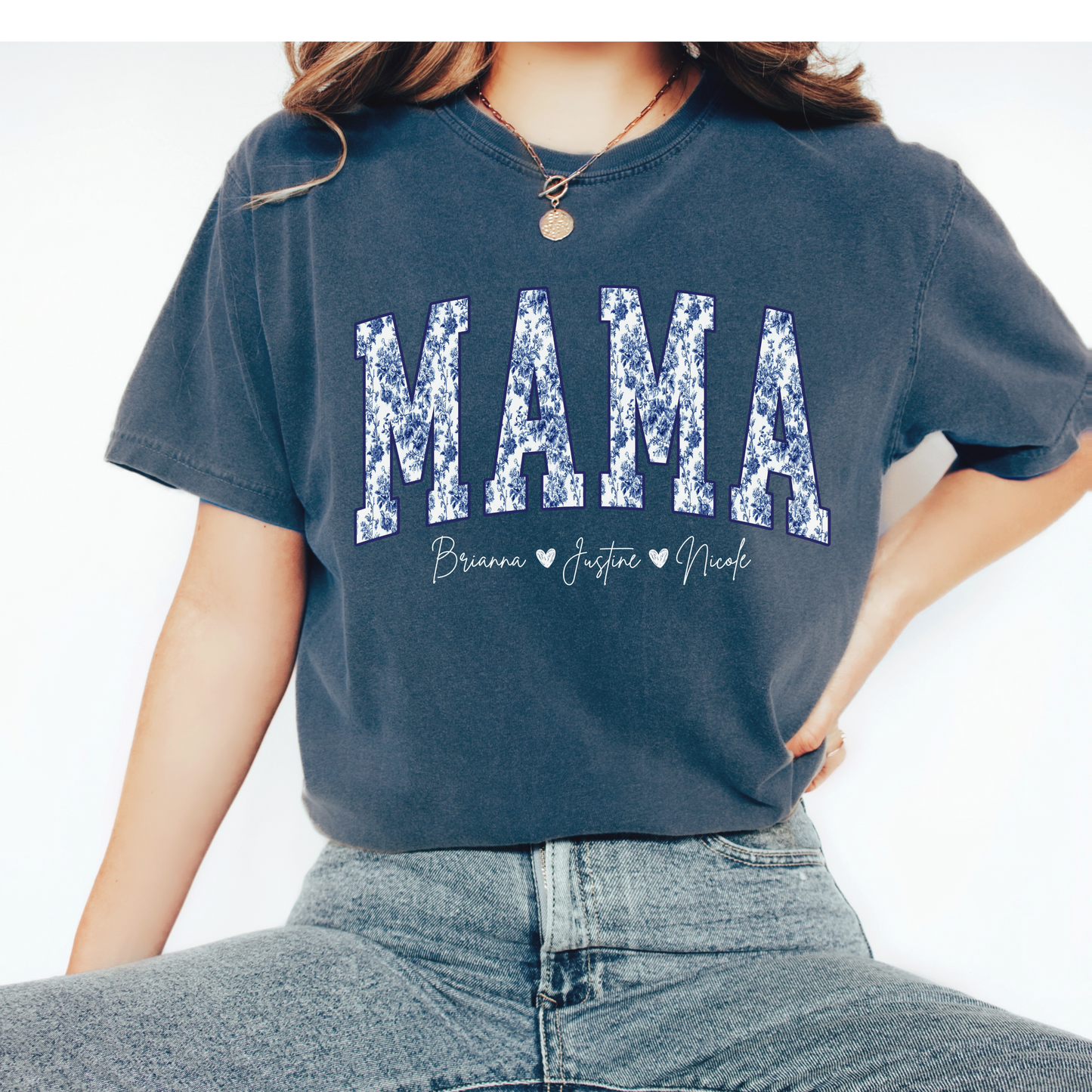 Custom Mama Blue Toile Shirt with Kids Names | Personalized Mom Tee