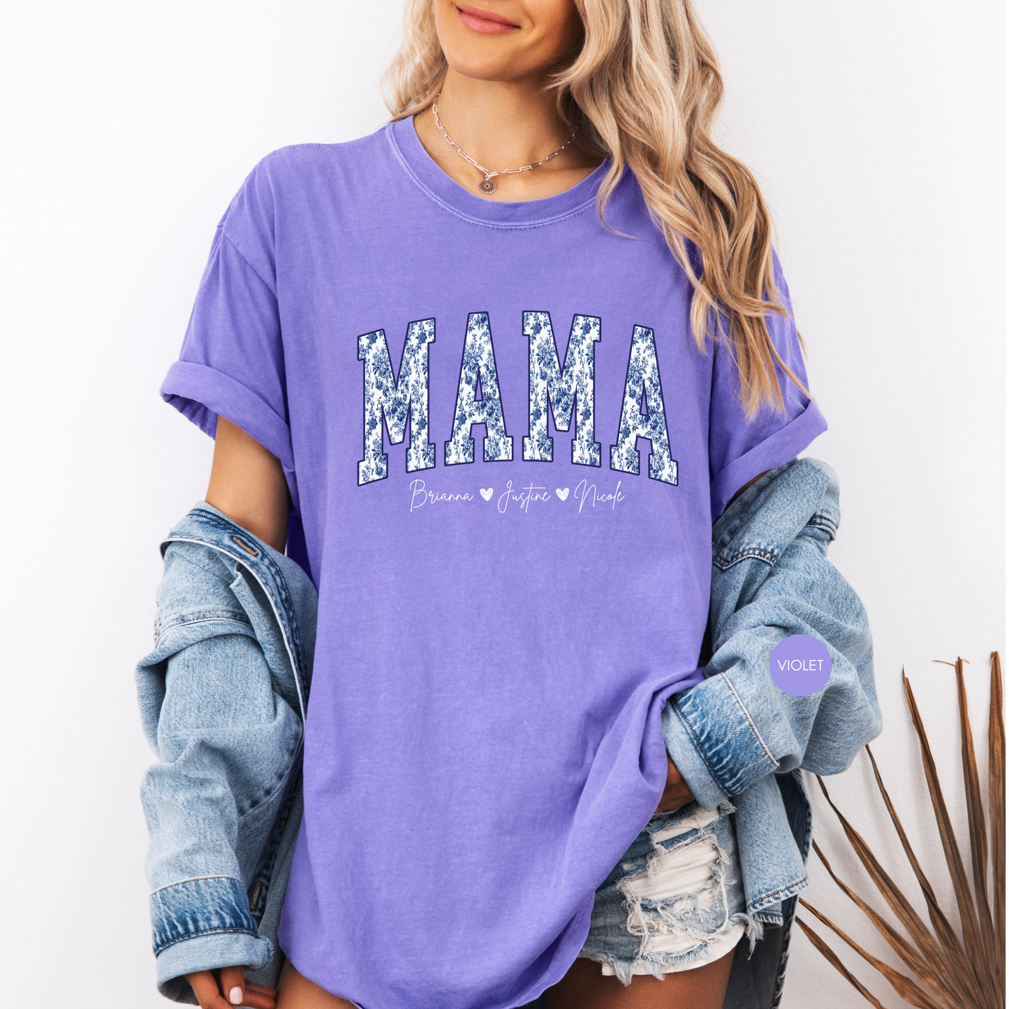 Custom Mama Blue Toile Shirt with Kids Names | Personalized Mom Tee