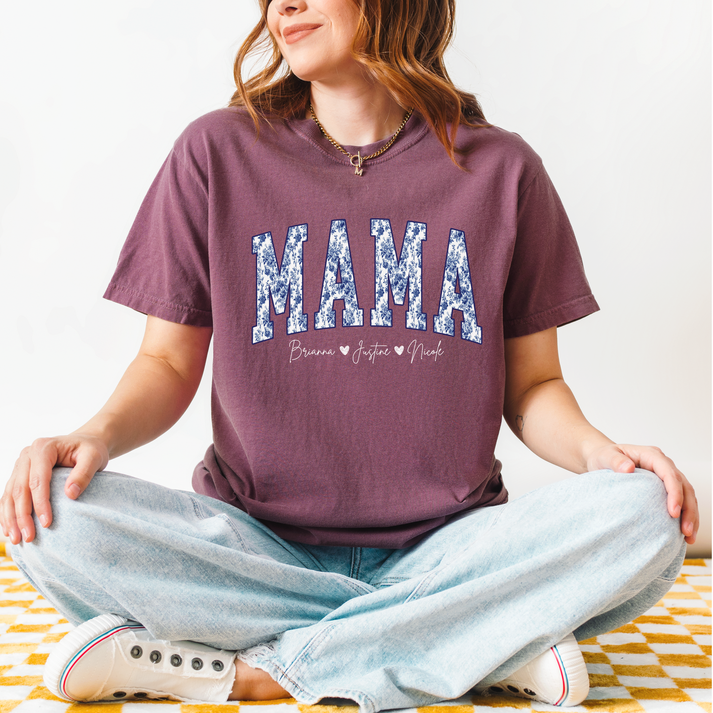 Custom Mama Blue Toile Shirt with Kids Names | Personalized Mom Tee