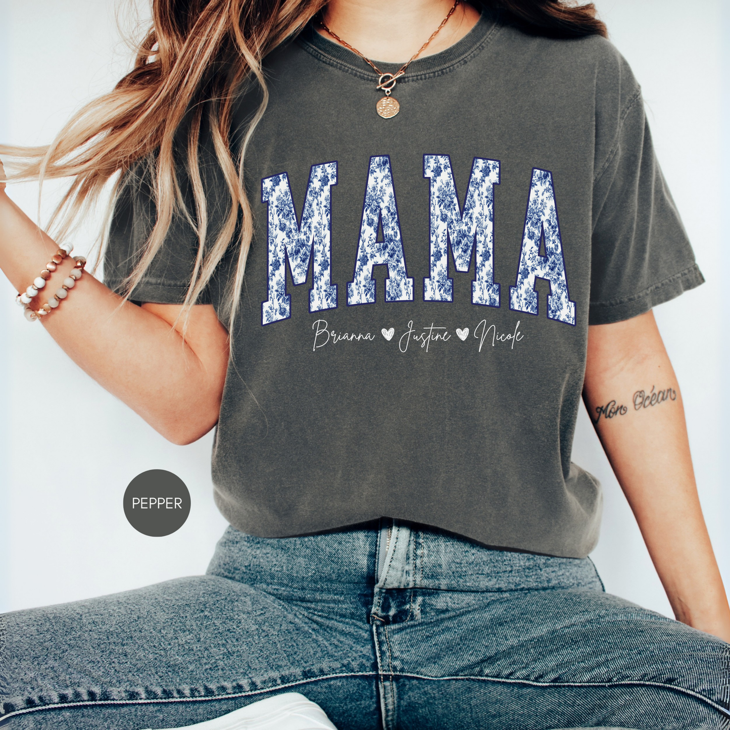 Custom Mama Blue Toile Shirt with Kids Names | Personalized Mom Tee