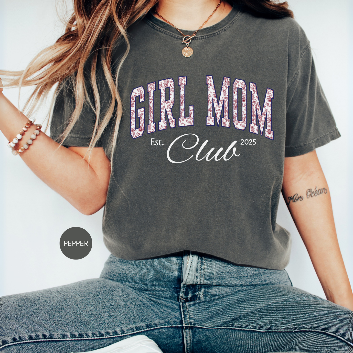 Custom Girl Mom Club Shirt – Pink Toile Personalized Mom Tee