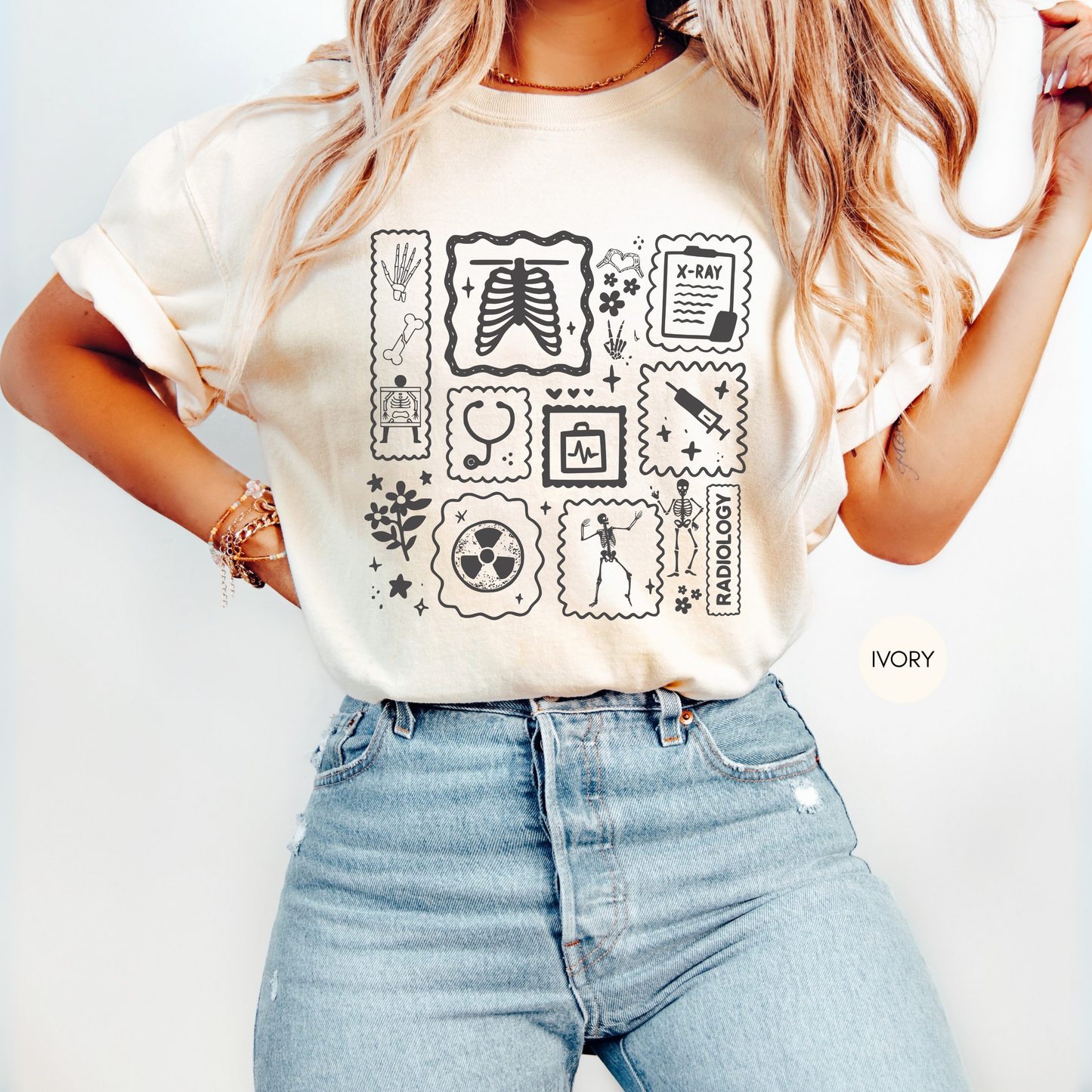 Radiology Graphic Shirt – X-Ray Tech Medical Icons Tee – Radiologic Technologist Gift for Women
