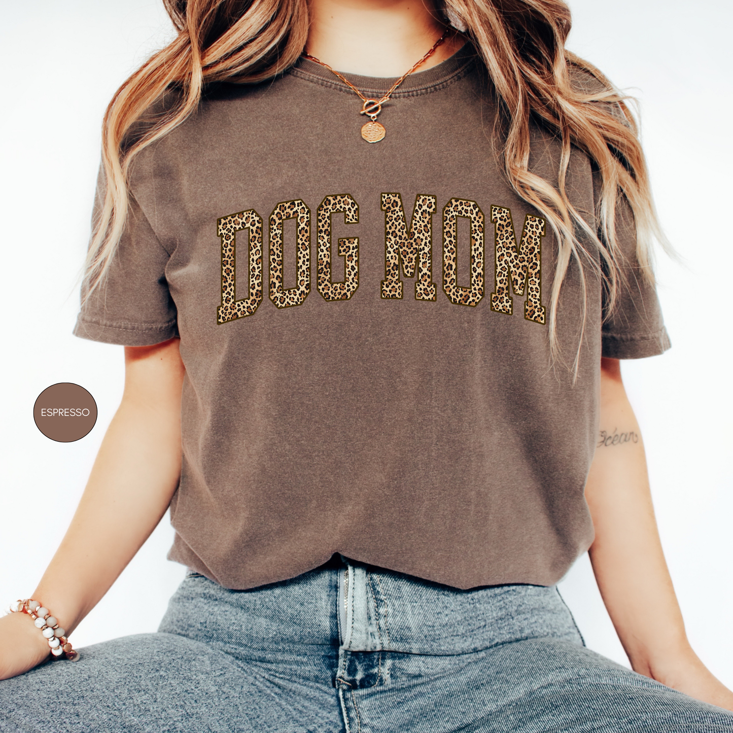 Dog Mom Leopard Shirt – Trendy Varsity Style Graphic Tee – Ivory Animal Print Dog Lover Shirt