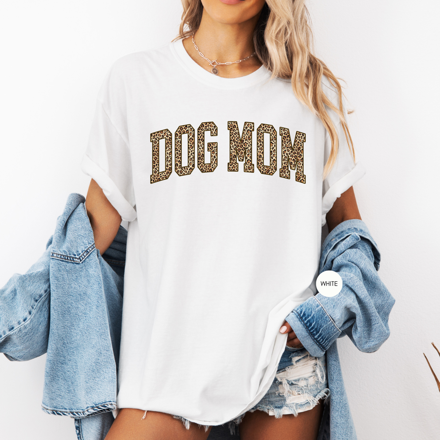 Dog Mom Leopard Shirt – Trendy Varsity Style Graphic Tee – Ivory Animal Print Dog Lover Shirt