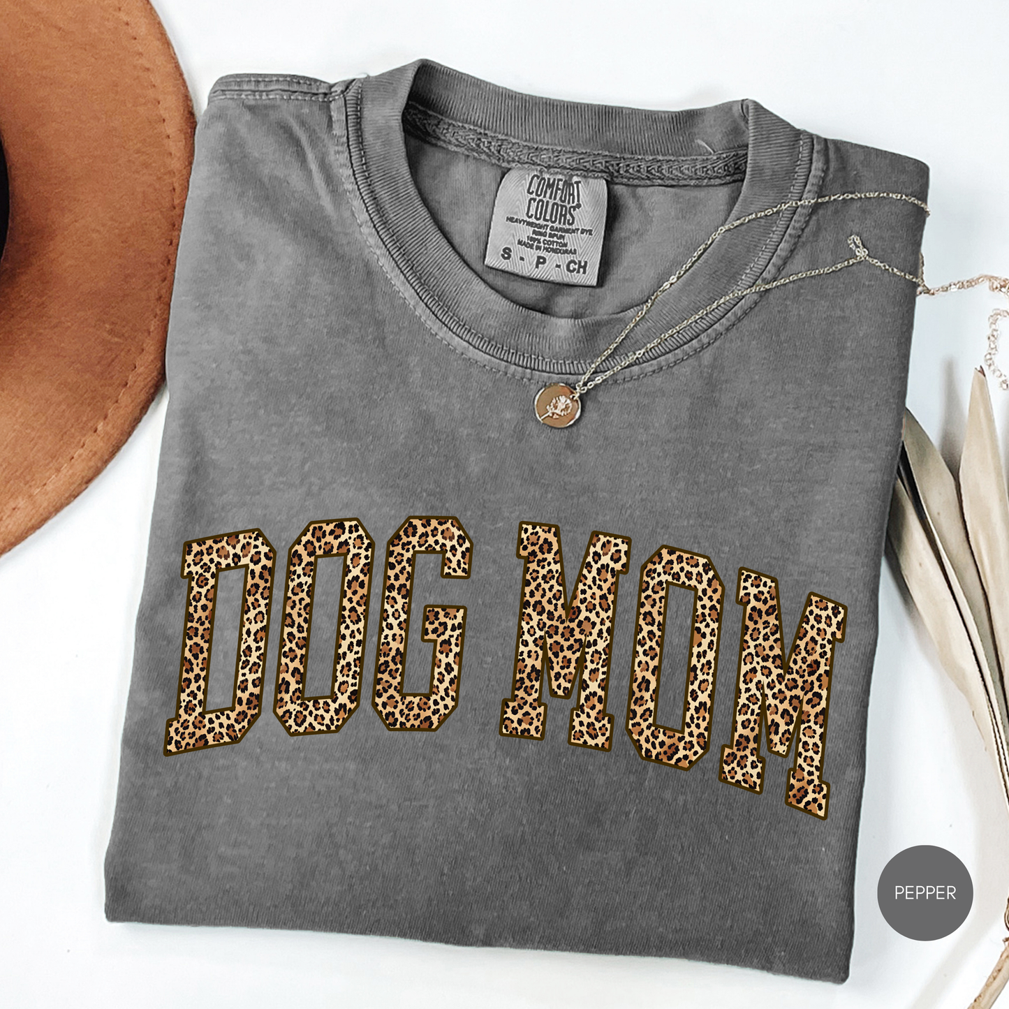 Dog Mom Leopard Shirt – Trendy Varsity Style Graphic Tee – Ivory Animal Print Dog Lover Shirt