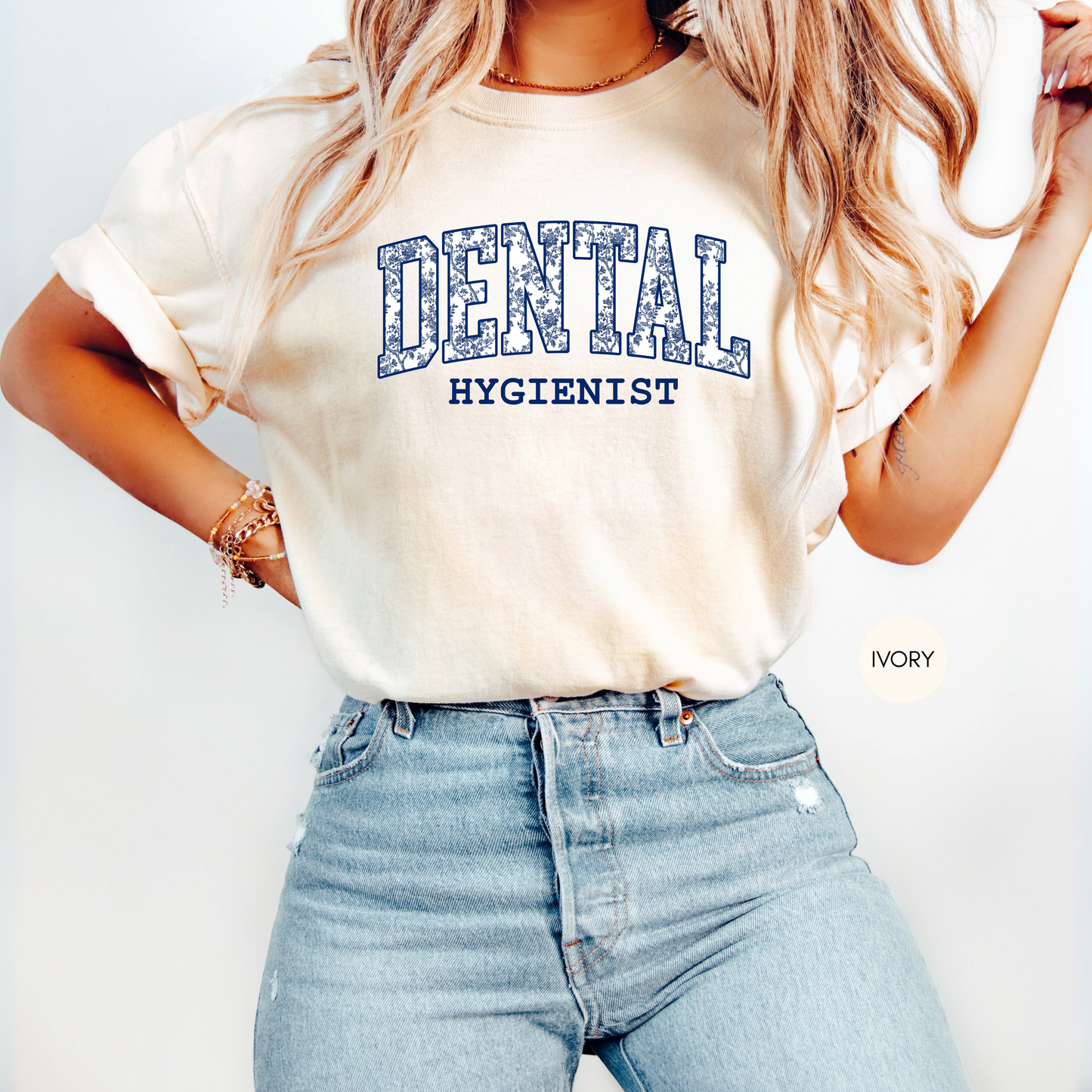 Dental Hygienist ivory shirt worn with jeans, dental professional apparel