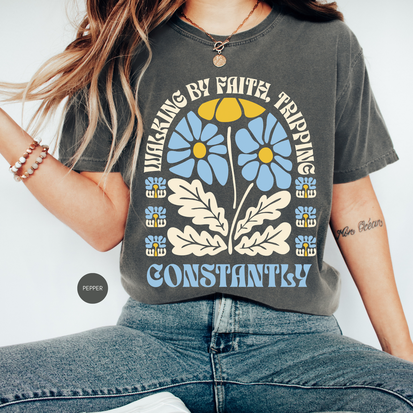Walking by Faith Tripping Constantly Shirt 🌼 Funny Christian Tee | Faith-Based Gift for Women