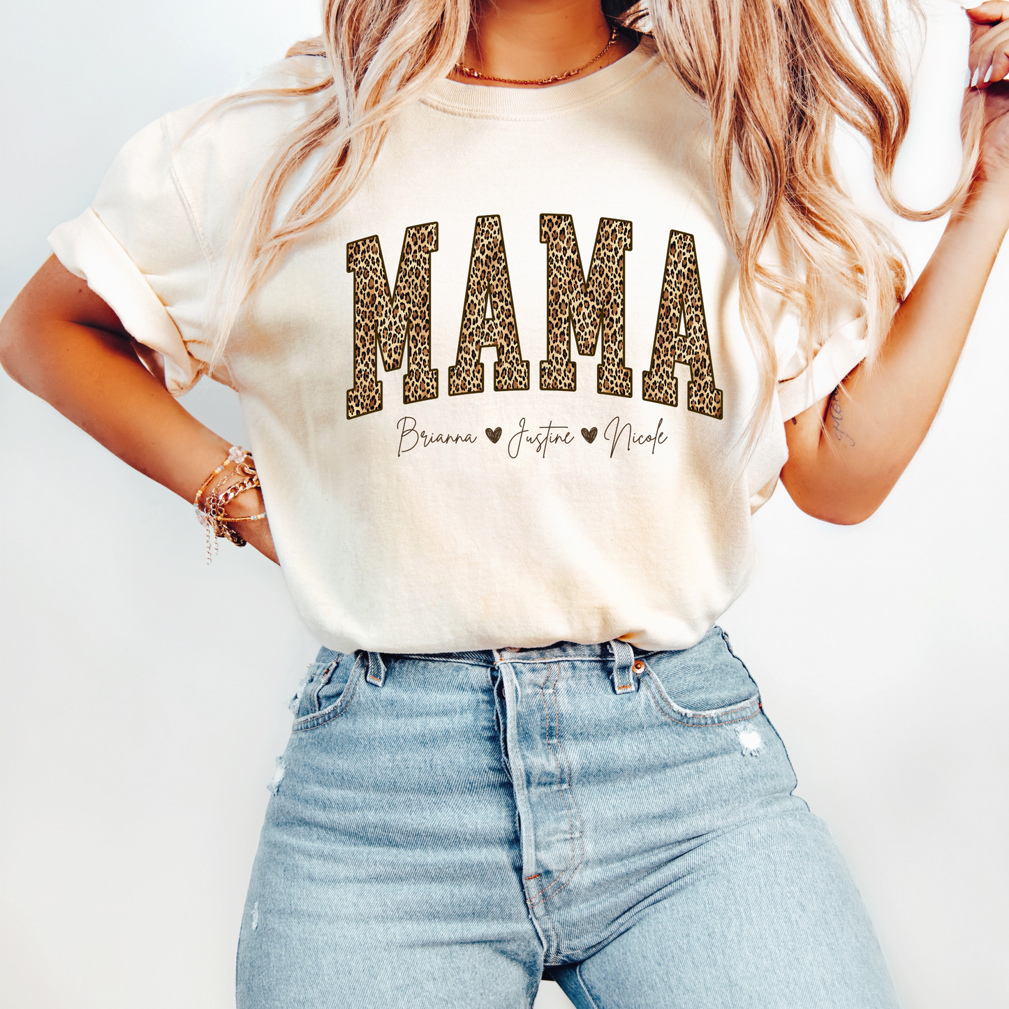 Personalized Mama Leopard Shirt with Kids Names – Custom Mom Tee