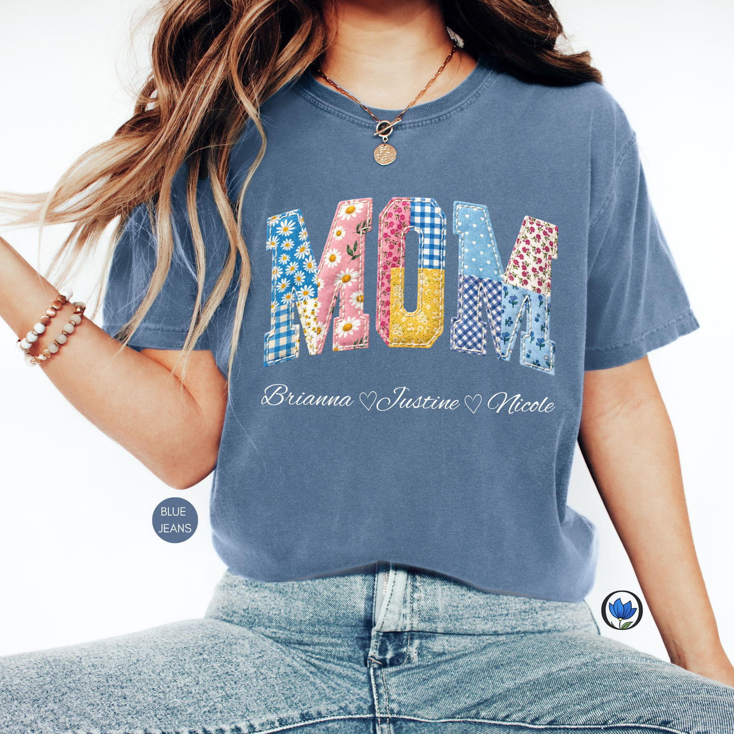 Custom MOM Faux Patchwork Shirt with Kids Names – Personalized Floral Mom Tee