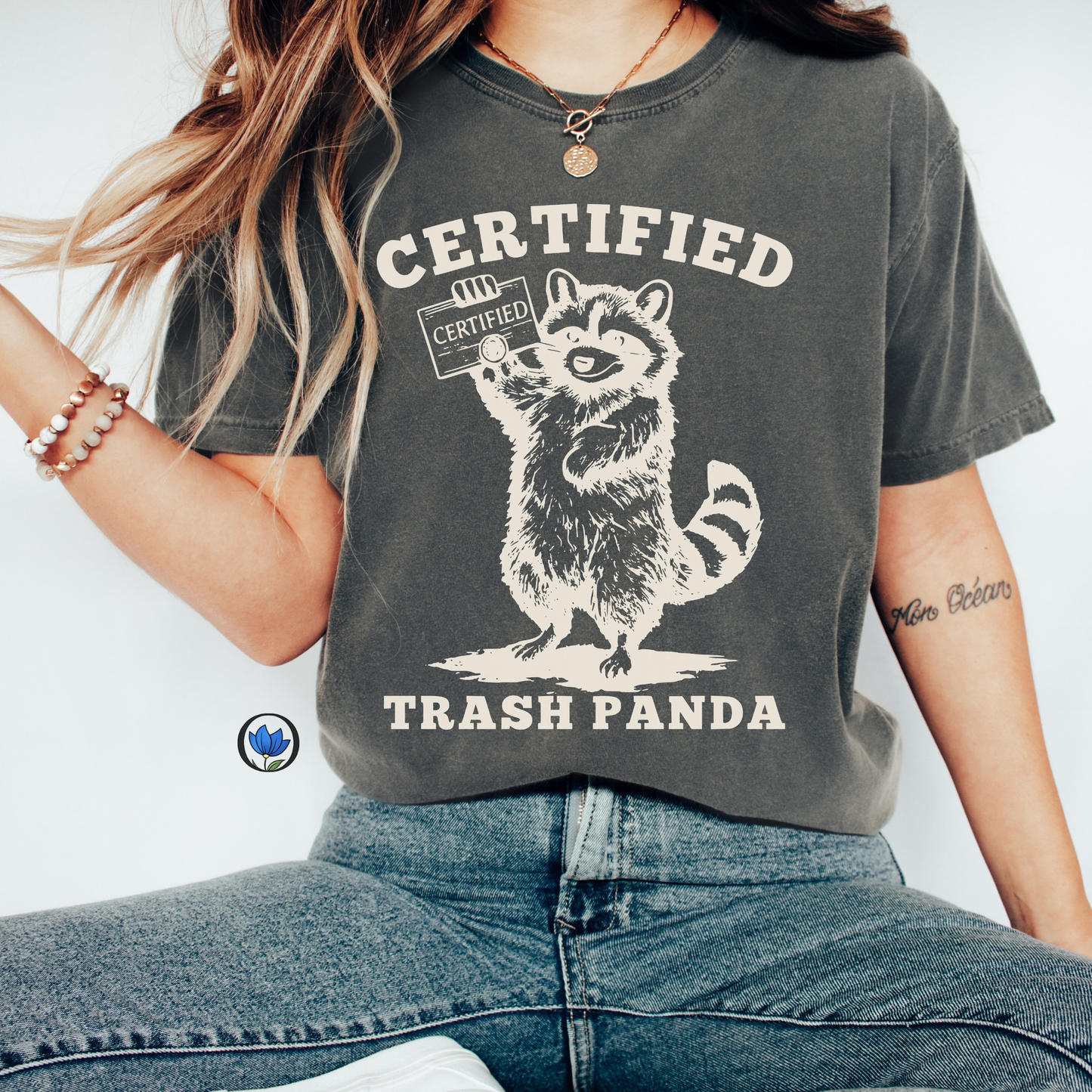 Certified Trash Panda raccoon graphic tee on pepper comfort colors shirt