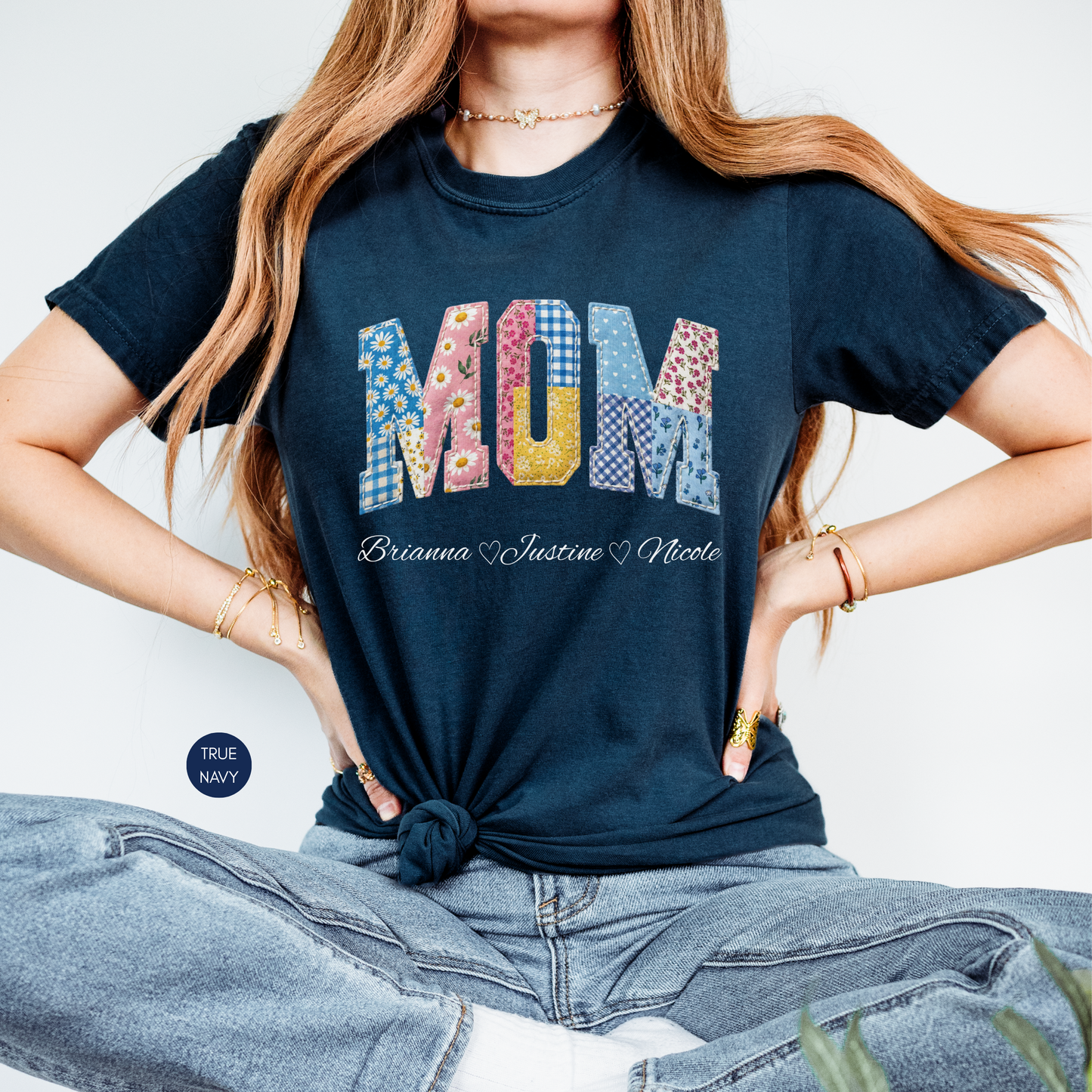 Custom MOM Faux Patchwork Shirt with Kids Names – Personalized Floral Mom Tee