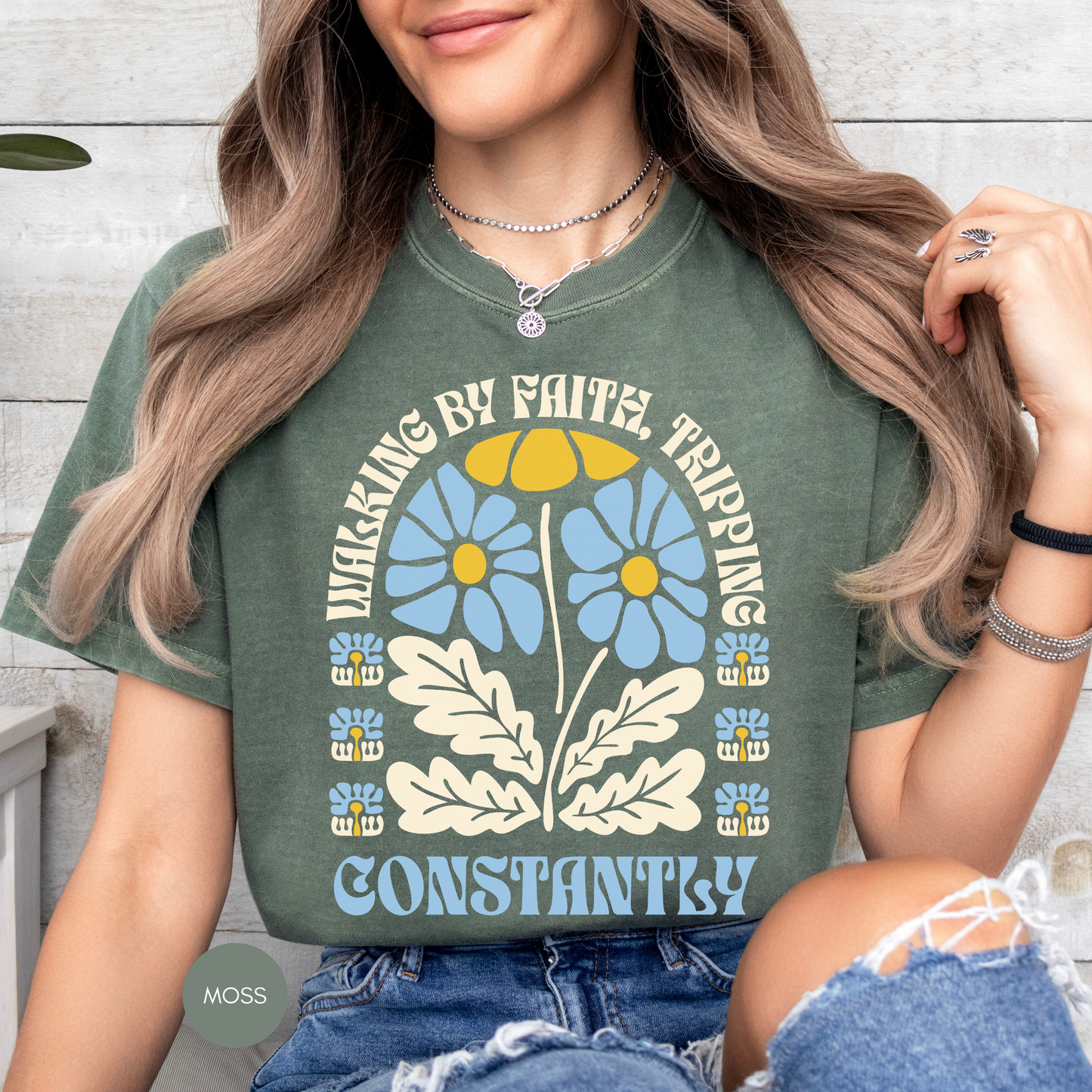 Walking by Faith Tripping Constantly Shirt 🌼 Funny Christian Tee | Faith-Based Gift for Women