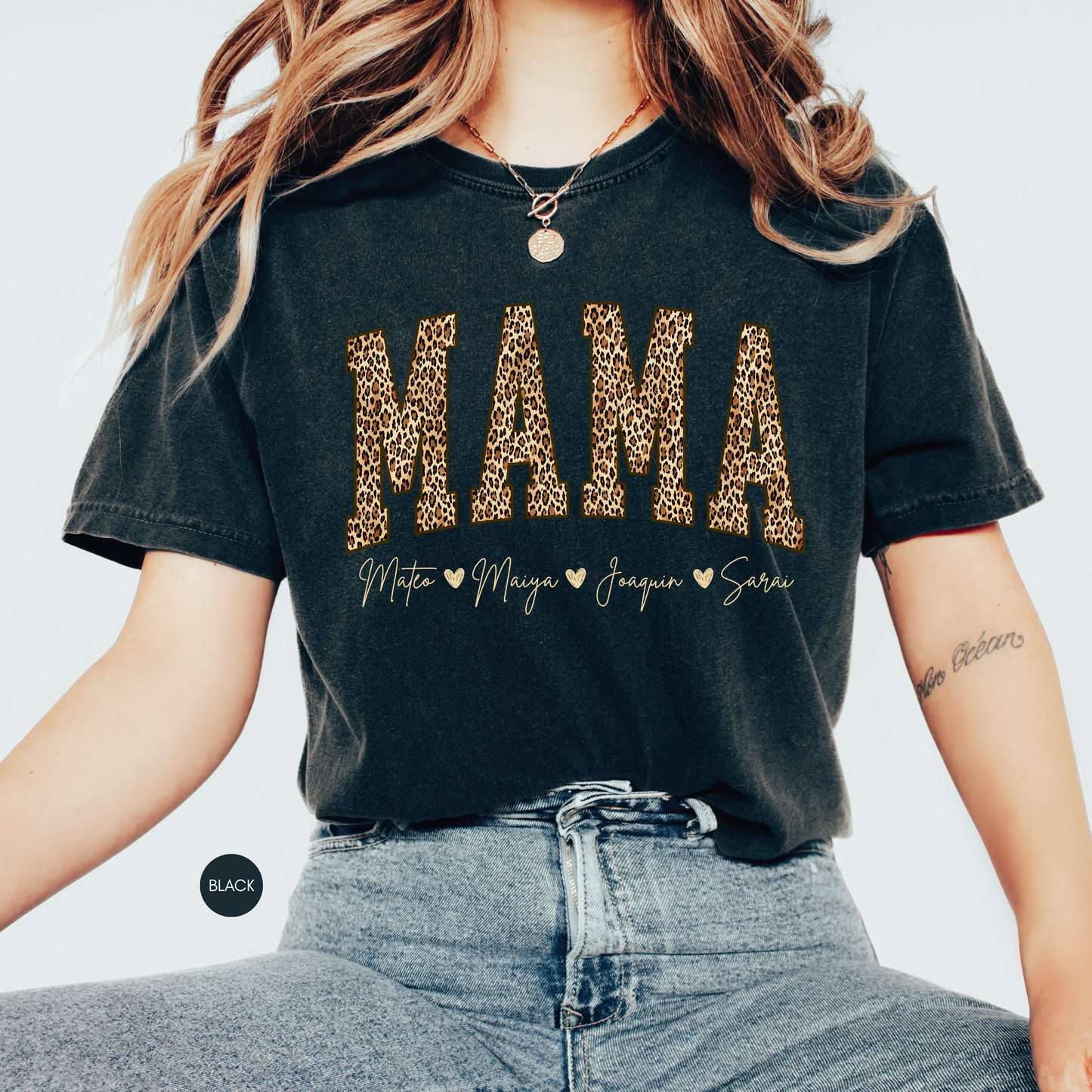 Personalized Mama Leopard Shirt with Kids Names – Custom Mom Tee