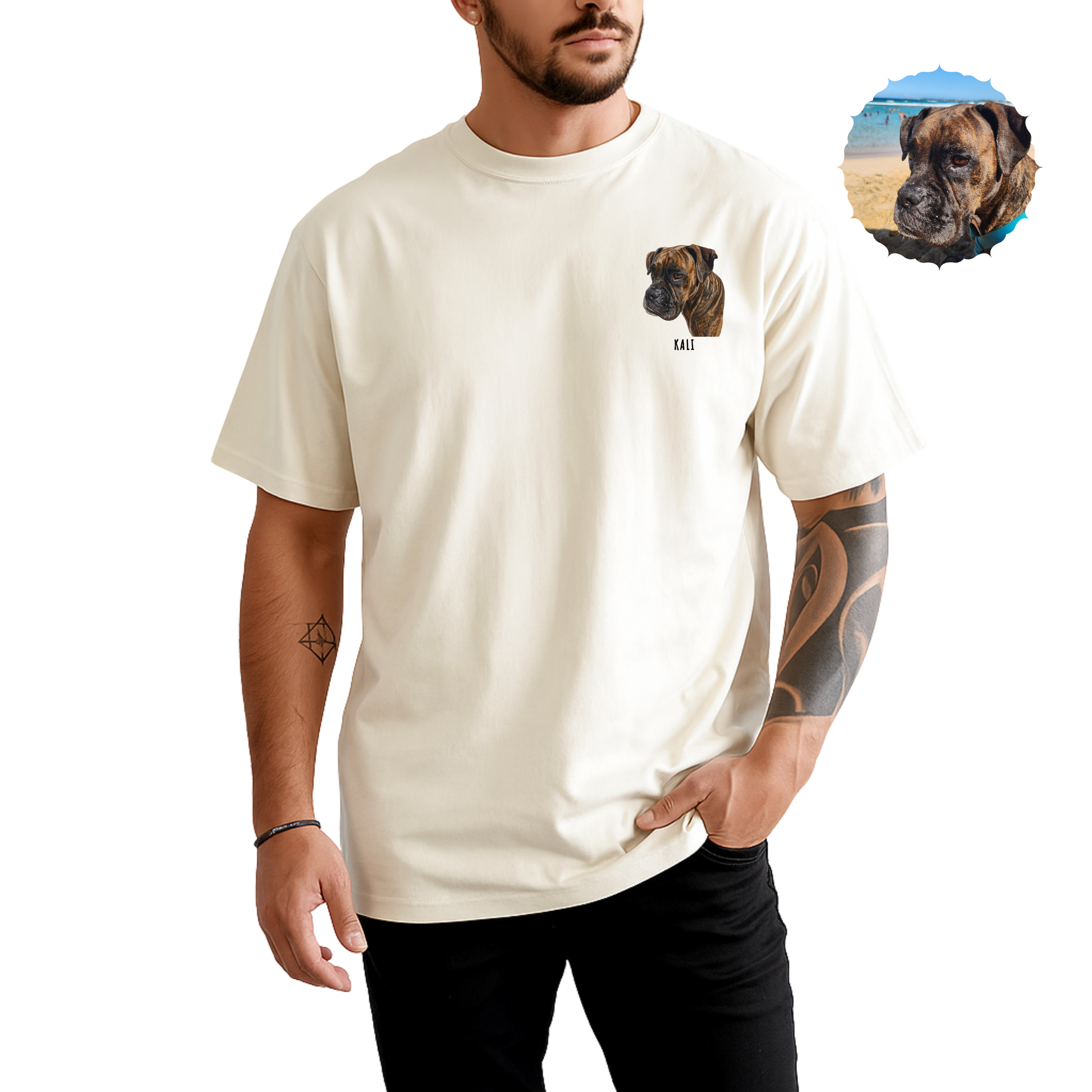 Man wearing cream Comfort Colors custom pet portrait t-shirt with watercolor Boxer dog illustration named Kali