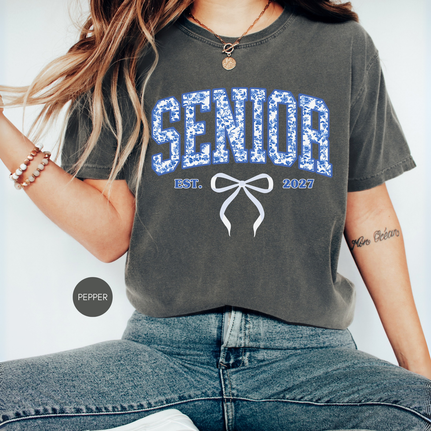 Senior Blue Toile Est. 2027 Shirt | Coquette Class of 2027 Varsity Graphic Tee
