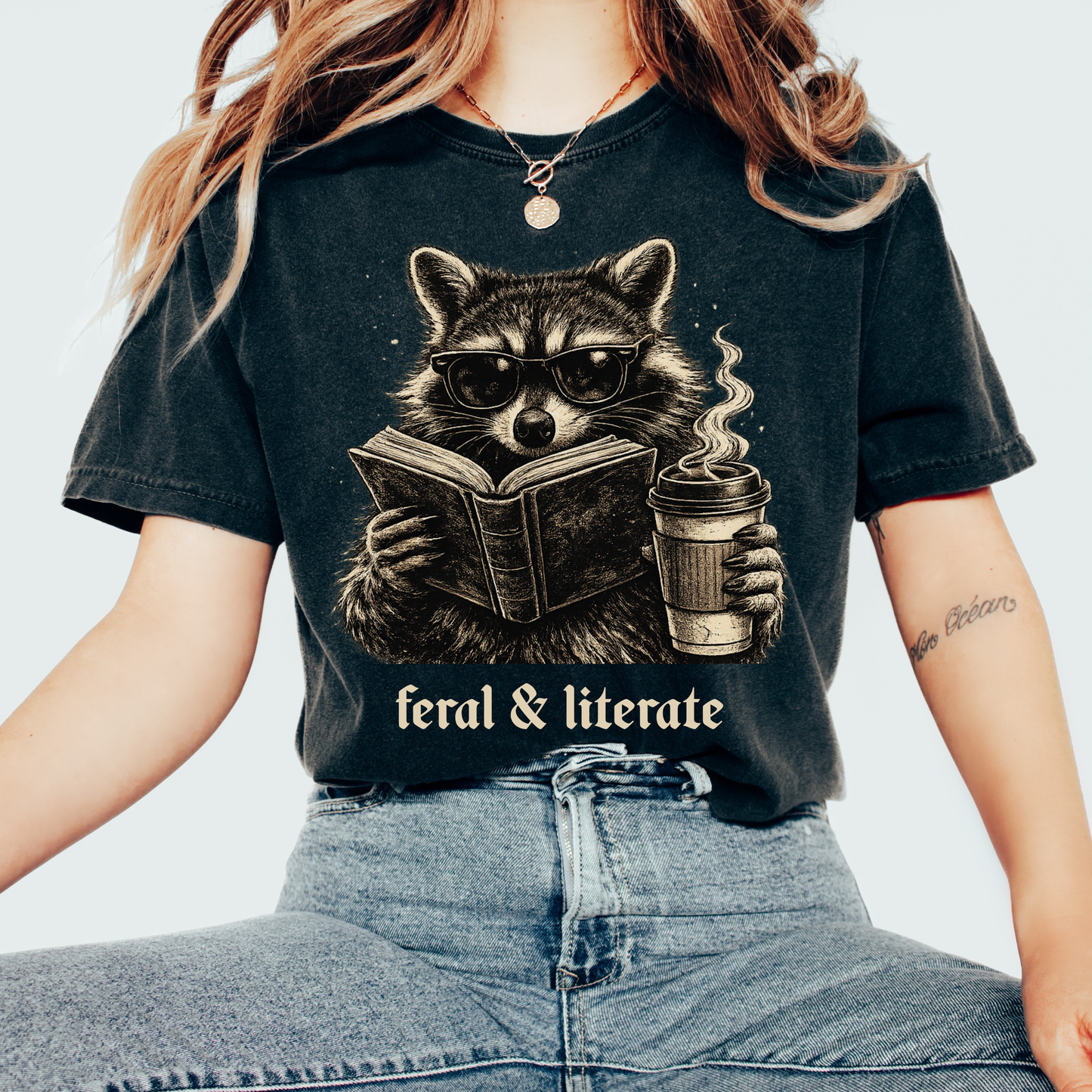 Feral & Literate Raccoon Shirt | Funny Book Lover T-Shirt | Reading & Coffee Graphic Tee
