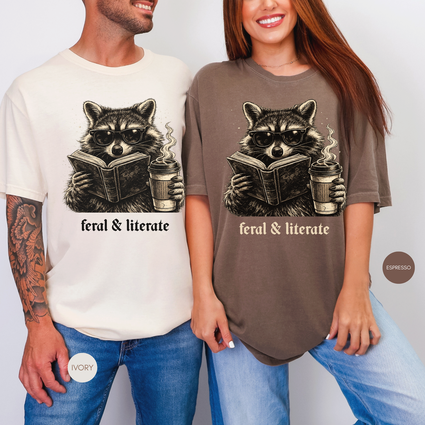 Feral & Literate Raccoon Shirt | Funny Book Lover T-Shirt | Reading & Coffee Graphic Tee