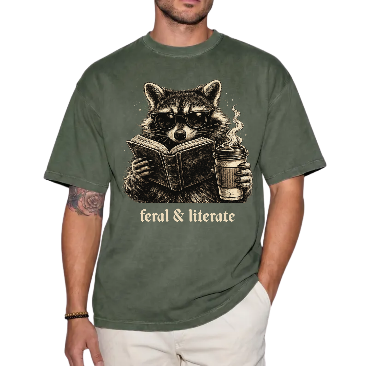 Feral & Literate Raccoon Shirt | Funny Book Lover T-Shirt | Reading & Coffee Graphic Tee
