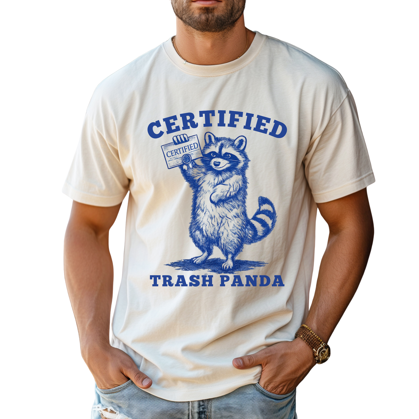 Certified Trash Panda Shirt featuring vintage raccoon holding a certificate on ivory t-shirt