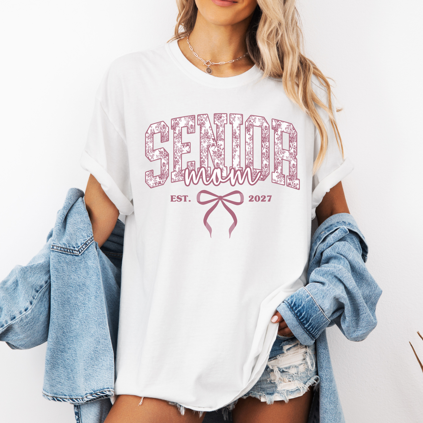 Senior Mom Est. 2027 Comfort Colors® Shirt | Pink Toile Class of 2027 Graphic Tee