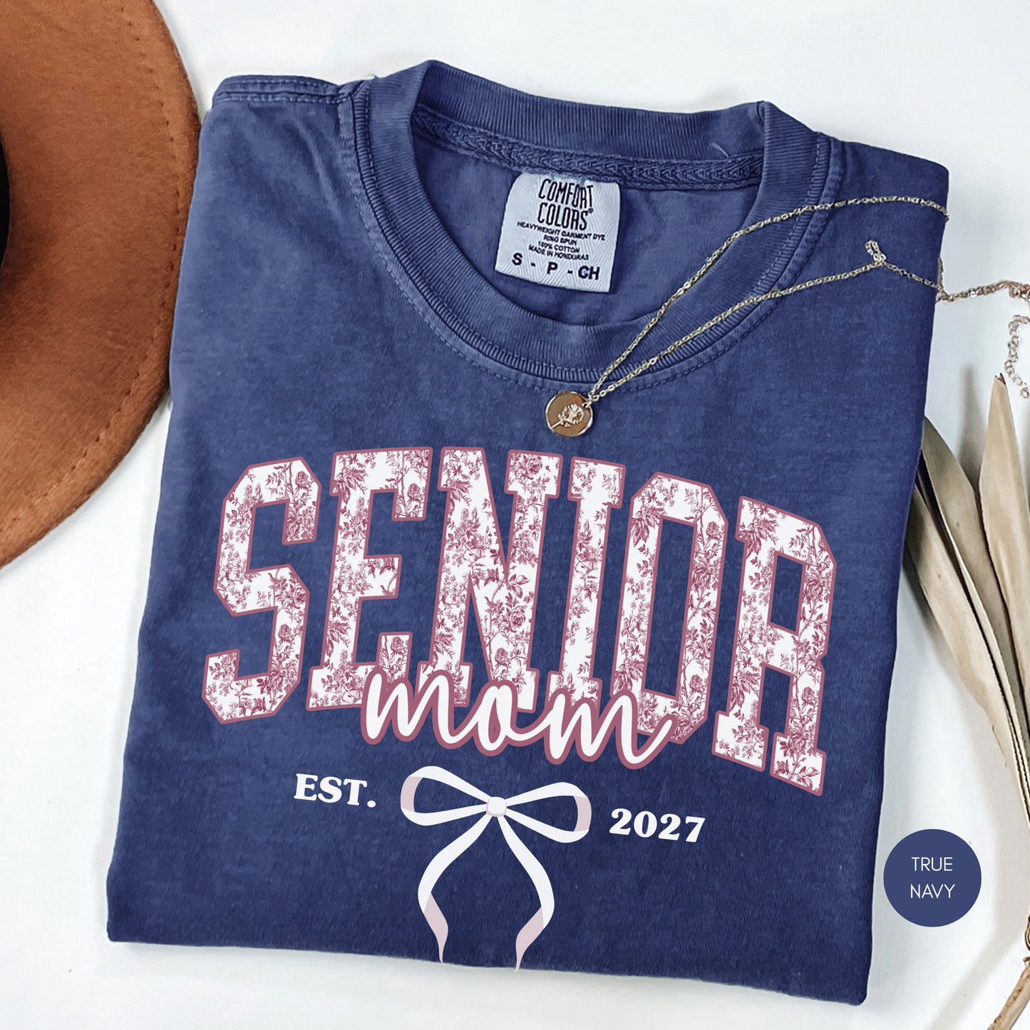 Senior Mom Est. 2027 Comfort Colors® Shirt | Pink Toile Class of 2027 Graphic Tee