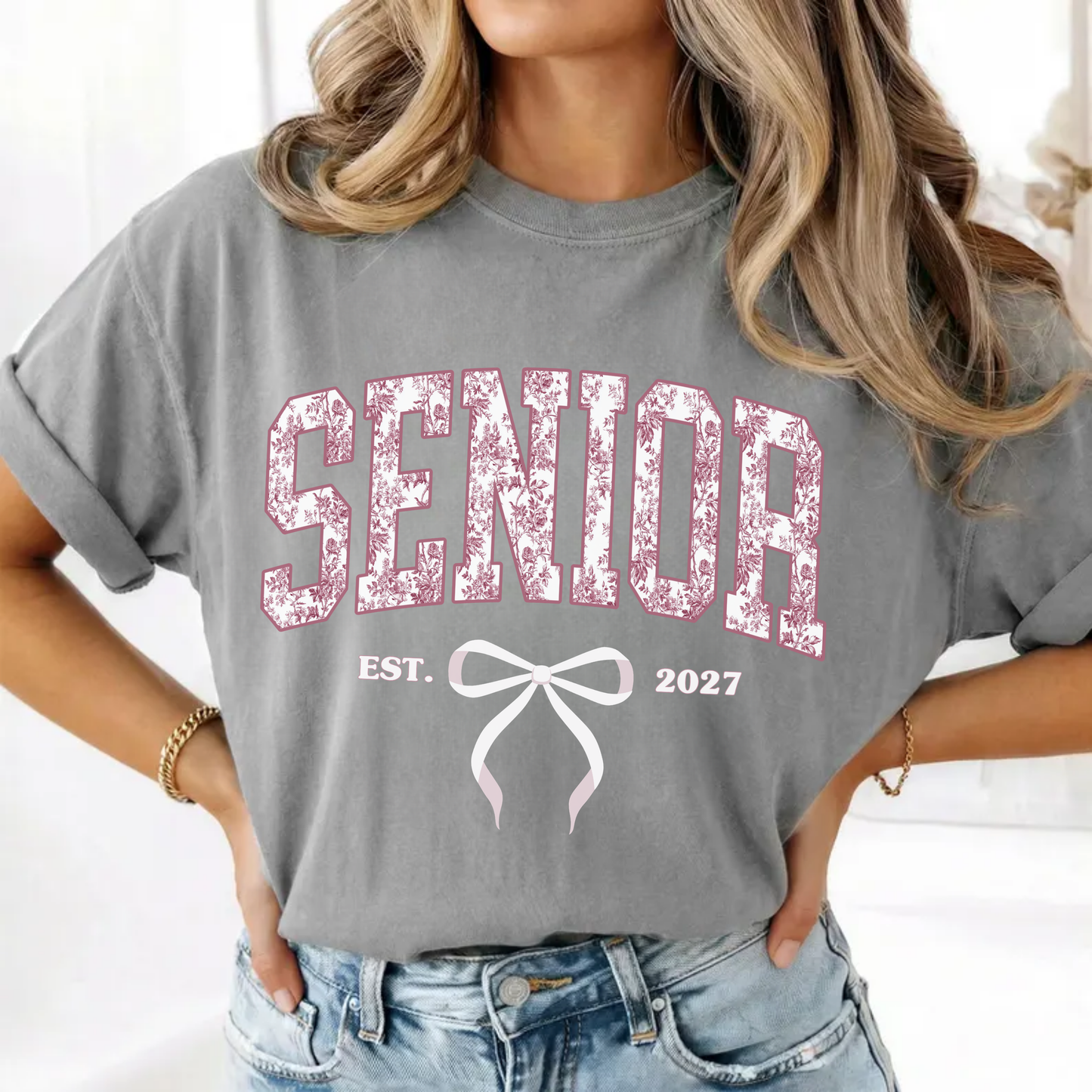 Senior Est. 2027 Comfort Colors® Shirt | Pink Toile Varsity Graphic Tee