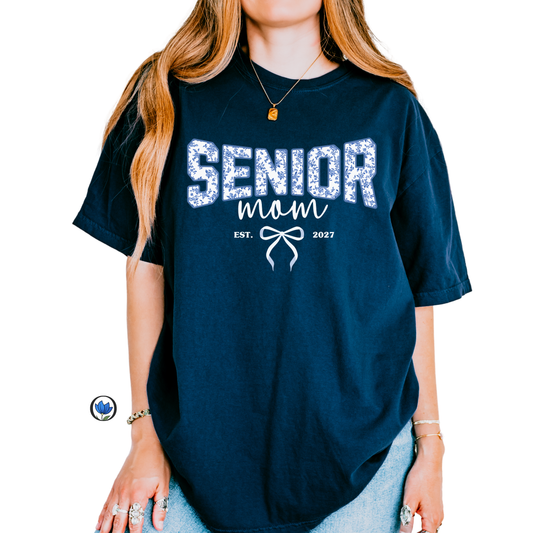 Senior Mom Est. 2027 Shirt | Blue Toile Coquette Class of 2027 Graphic Tee