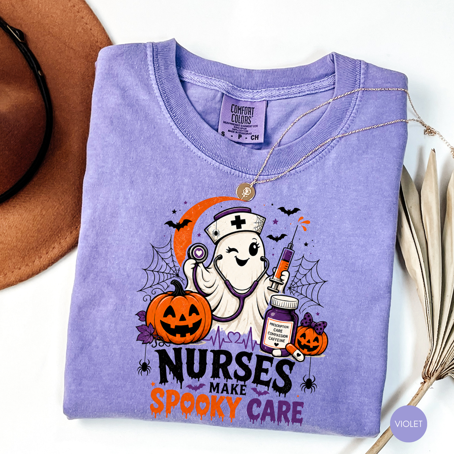Comfort Colors Halloween nurse T-shirt in ivory with spooky ghost nurse design
