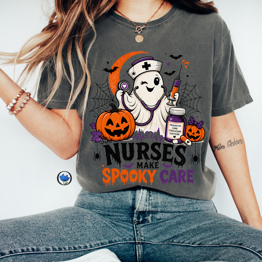 Nurses Make Spooky Care Halloween nurse shirt with ghost nurse pumpkins and stethoscope