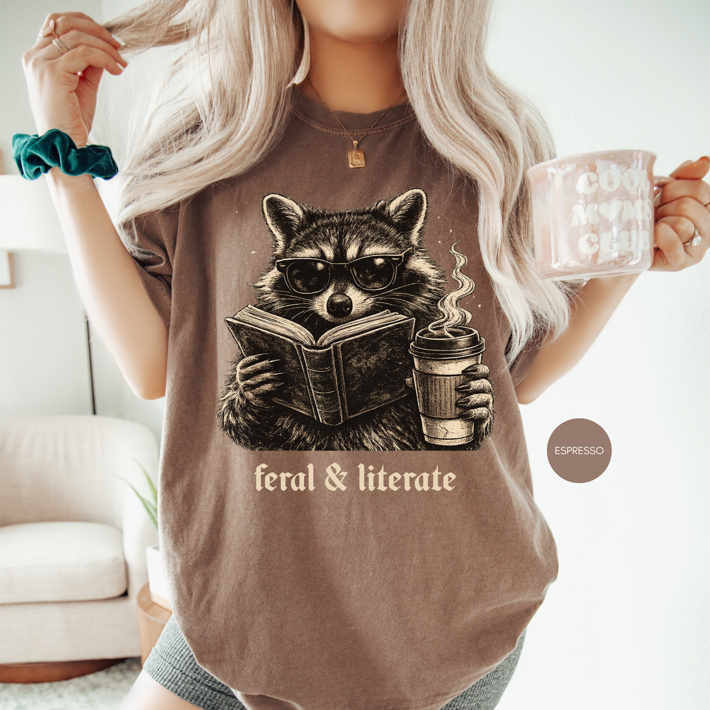 Feral & Literate Raccoon Shirt | Funny Book Lover T-Shirt | Reading & Coffee Graphic Tee