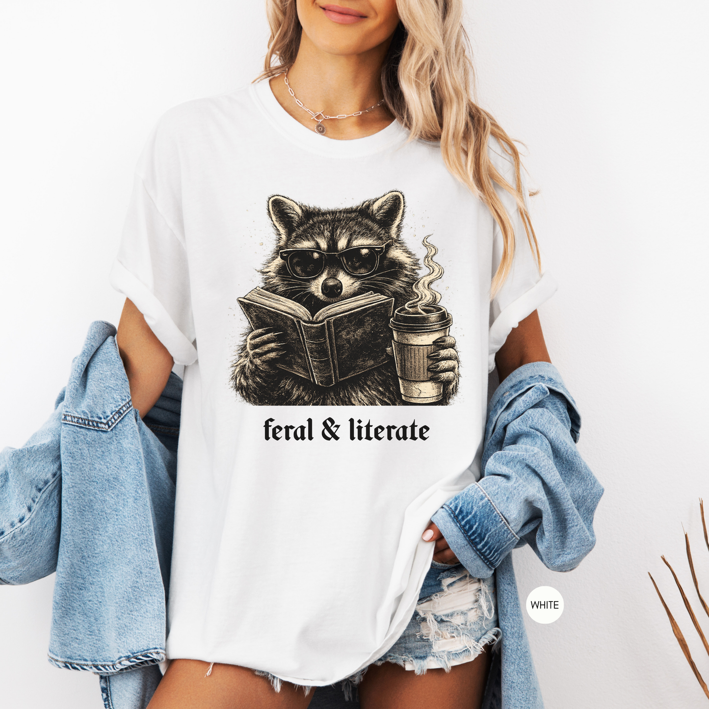 Feral & Literate Raccoon Shirt | Funny Book Lover T-Shirt | Reading & Coffee Graphic Tee
