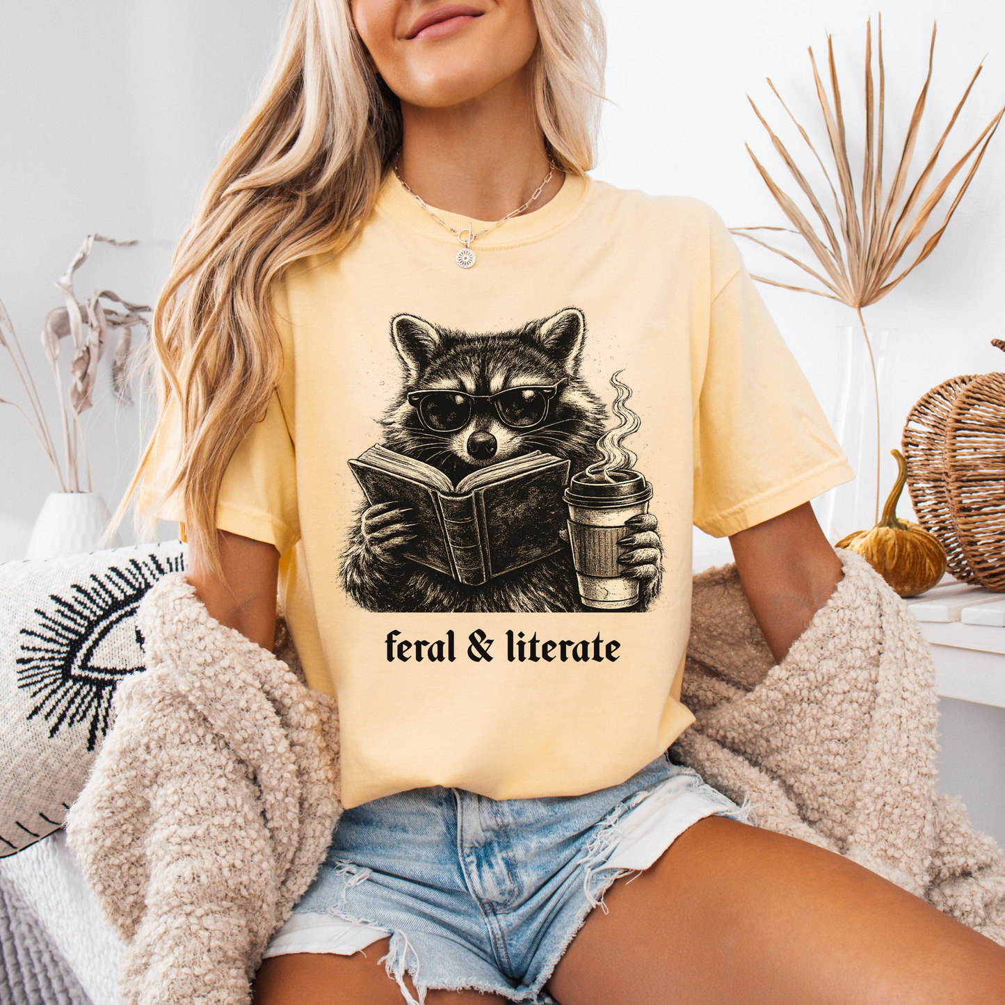 Feral & Literate Raccoon Shirt | Funny Book Lover T-Shirt | Reading & Coffee Graphic Tee