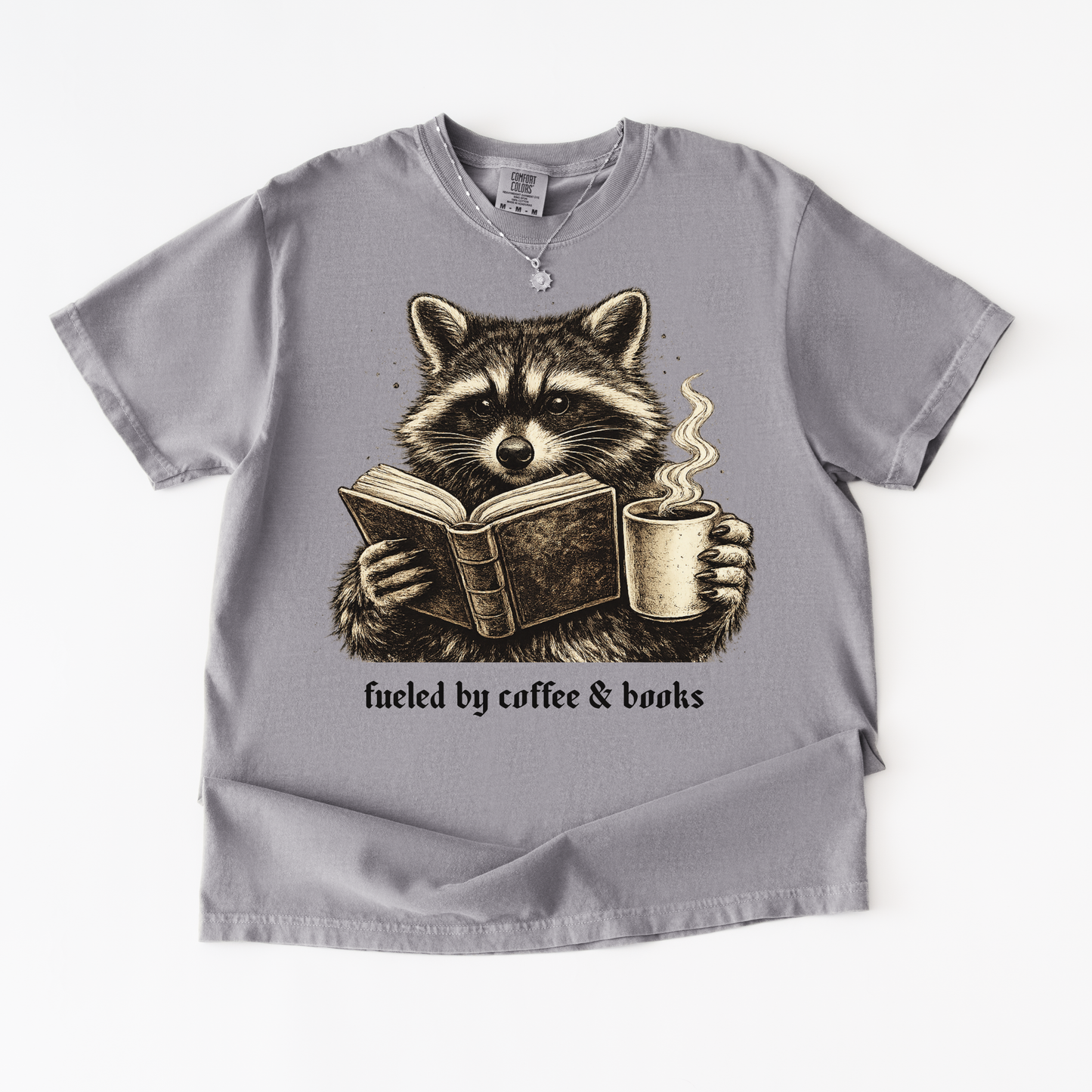 Fueled by Coffee & Books Shirt | Vintage Raccoon Book Lover Comfort Colors® Tee | Cozy Reader Gift | Booktok Graphic T-Shirt