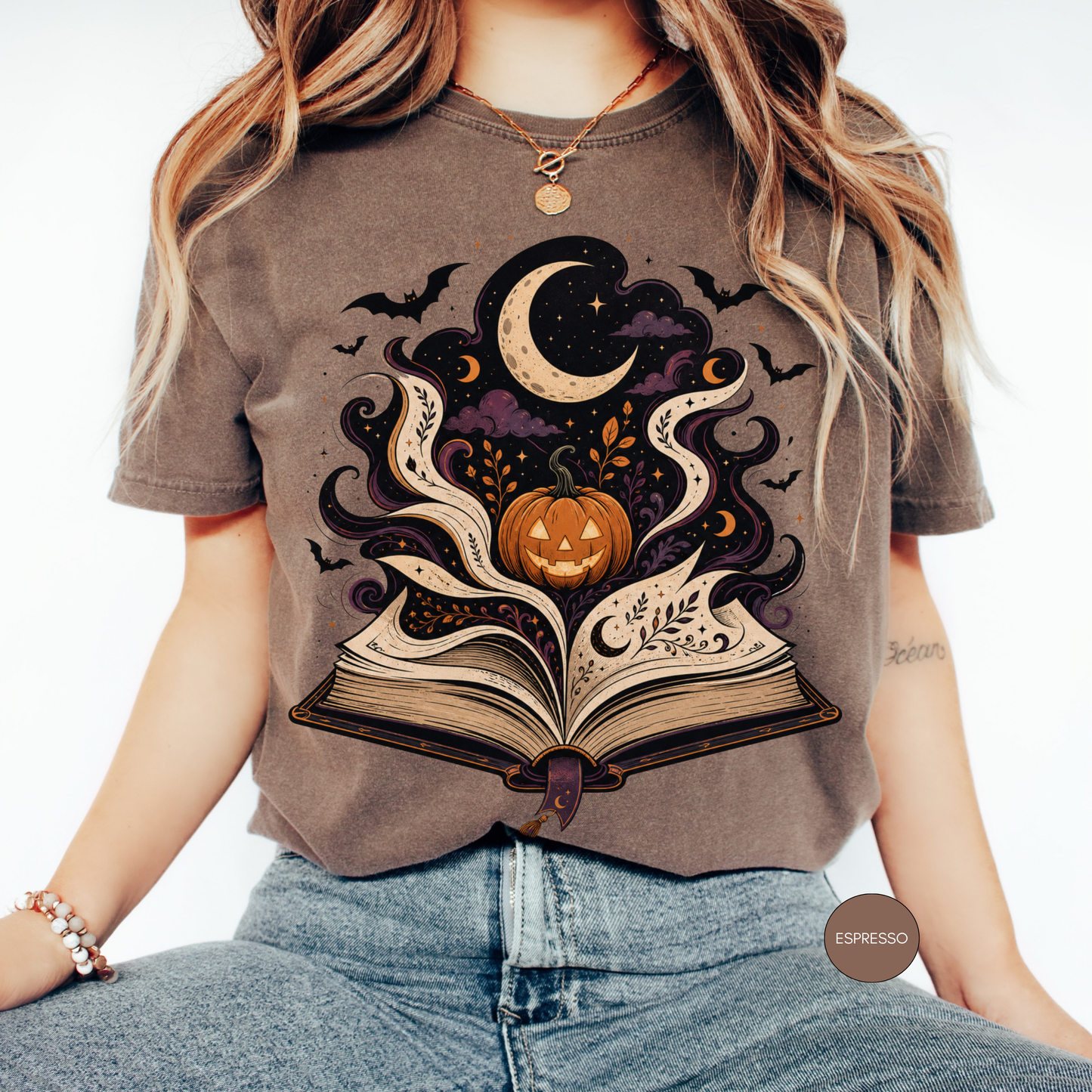 Magical open book Halloween illustration with pumpkin and moon
