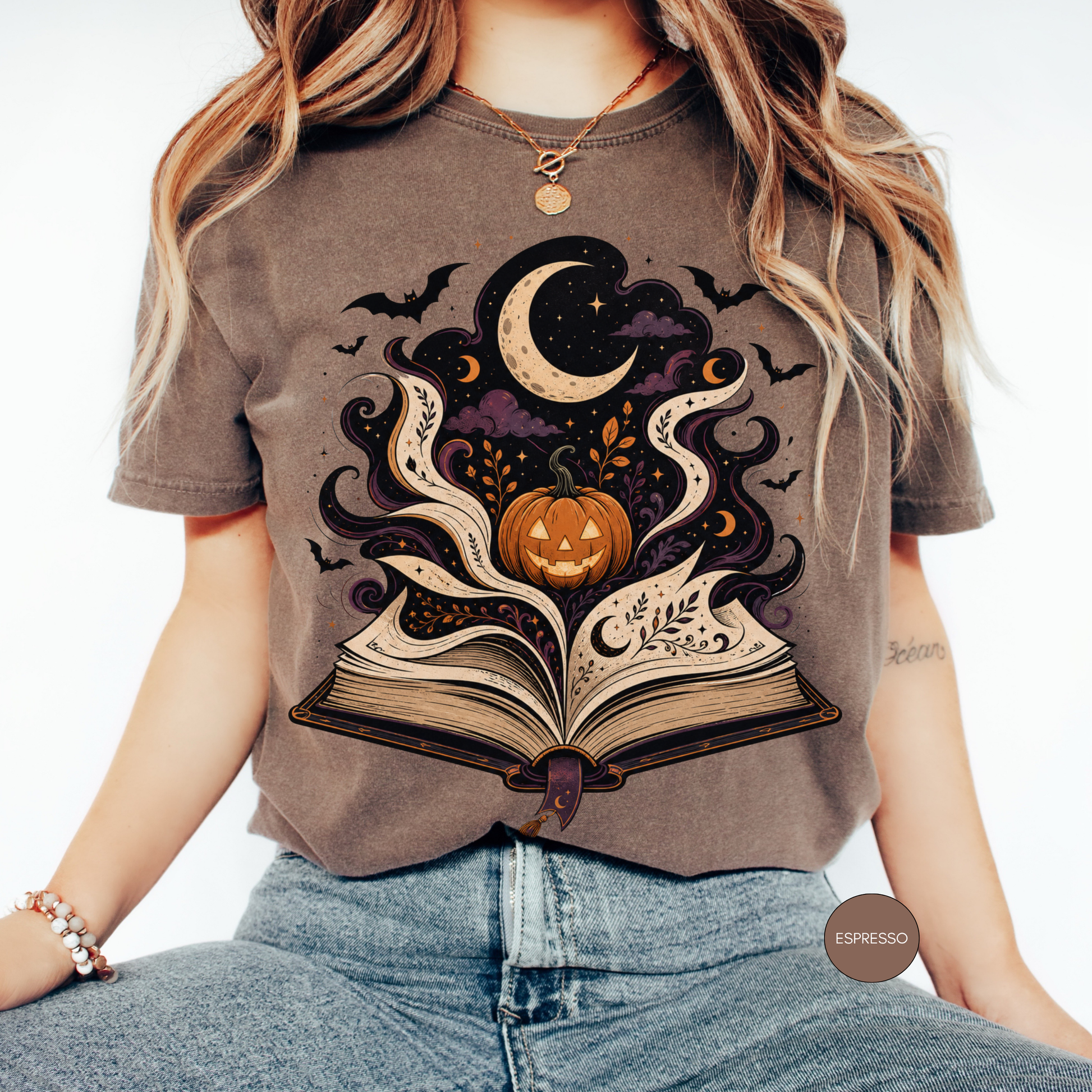 Magical open book Halloween illustration with pumpkin and moon