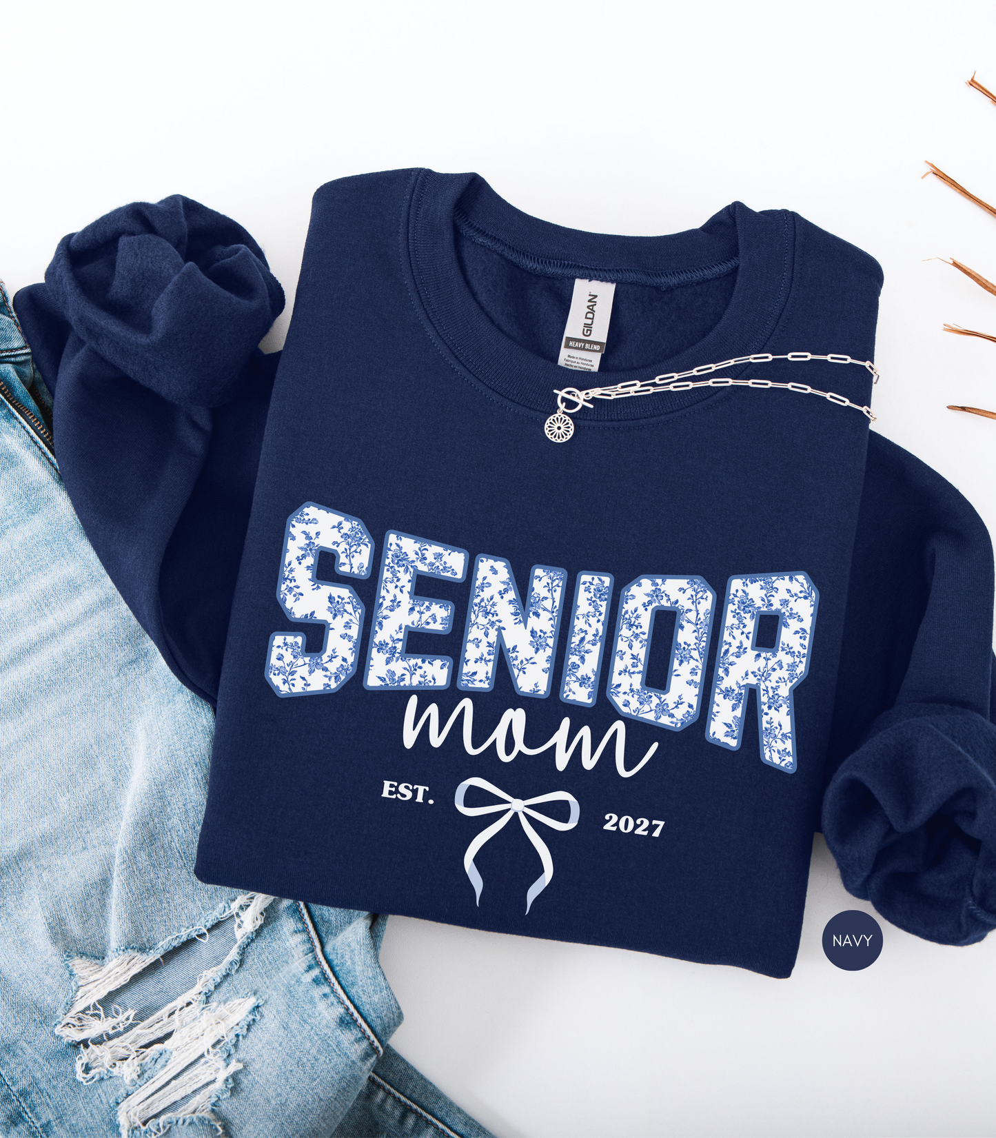 Senior Mom 2027 Blue Toile Bow Sweatshirt | Proud Senior Mom Gift