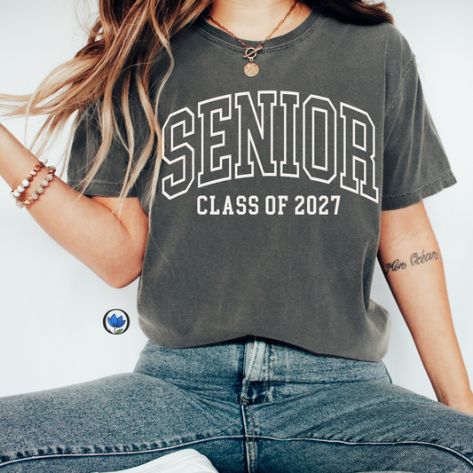Senior Class of 2027 varsity graphic t-shirt on Comfort Colors tee, perfect for senior year, graduation, football games, and school spirit events.