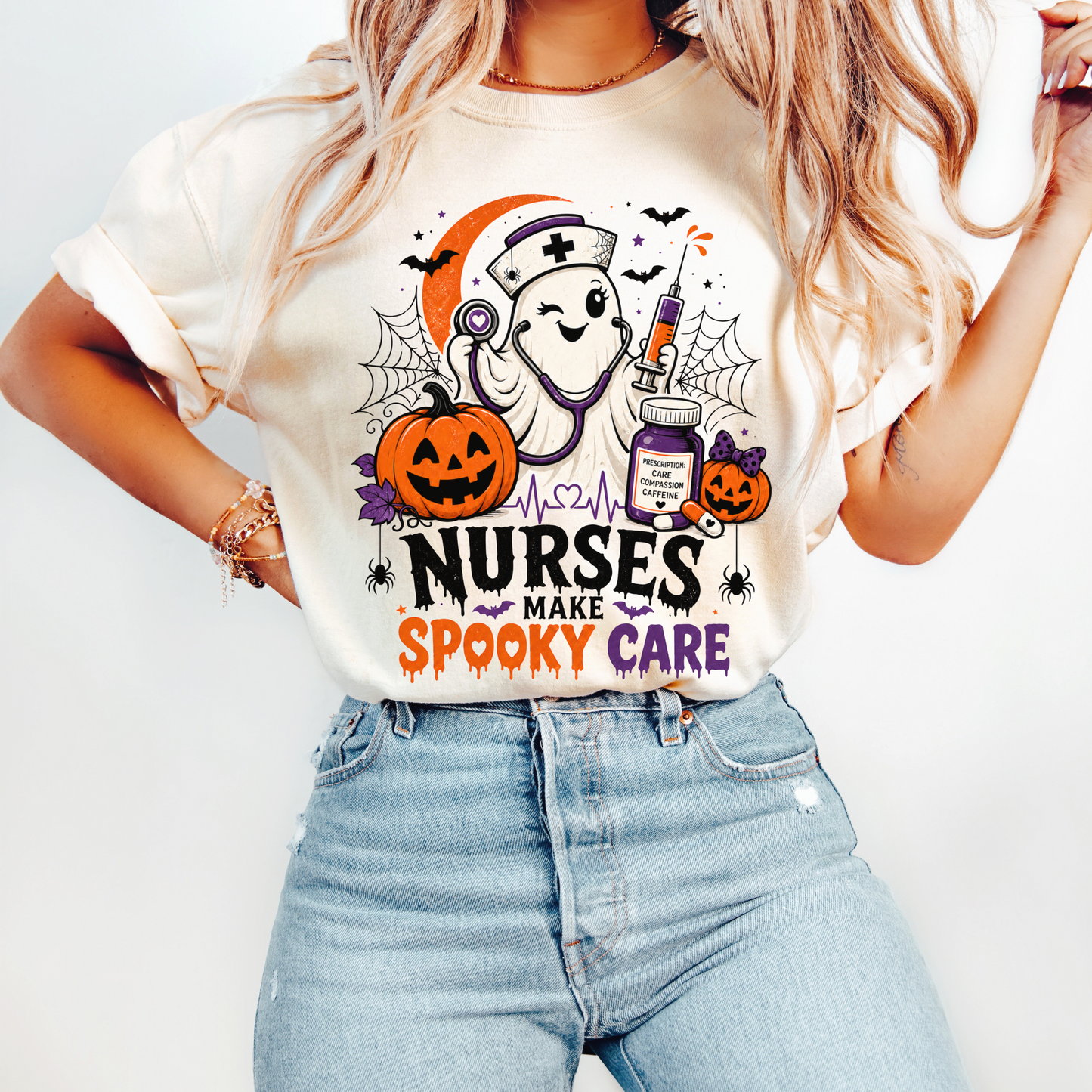 Cute ghost nurse Halloween graphic featuring pumpkins and medical accessories