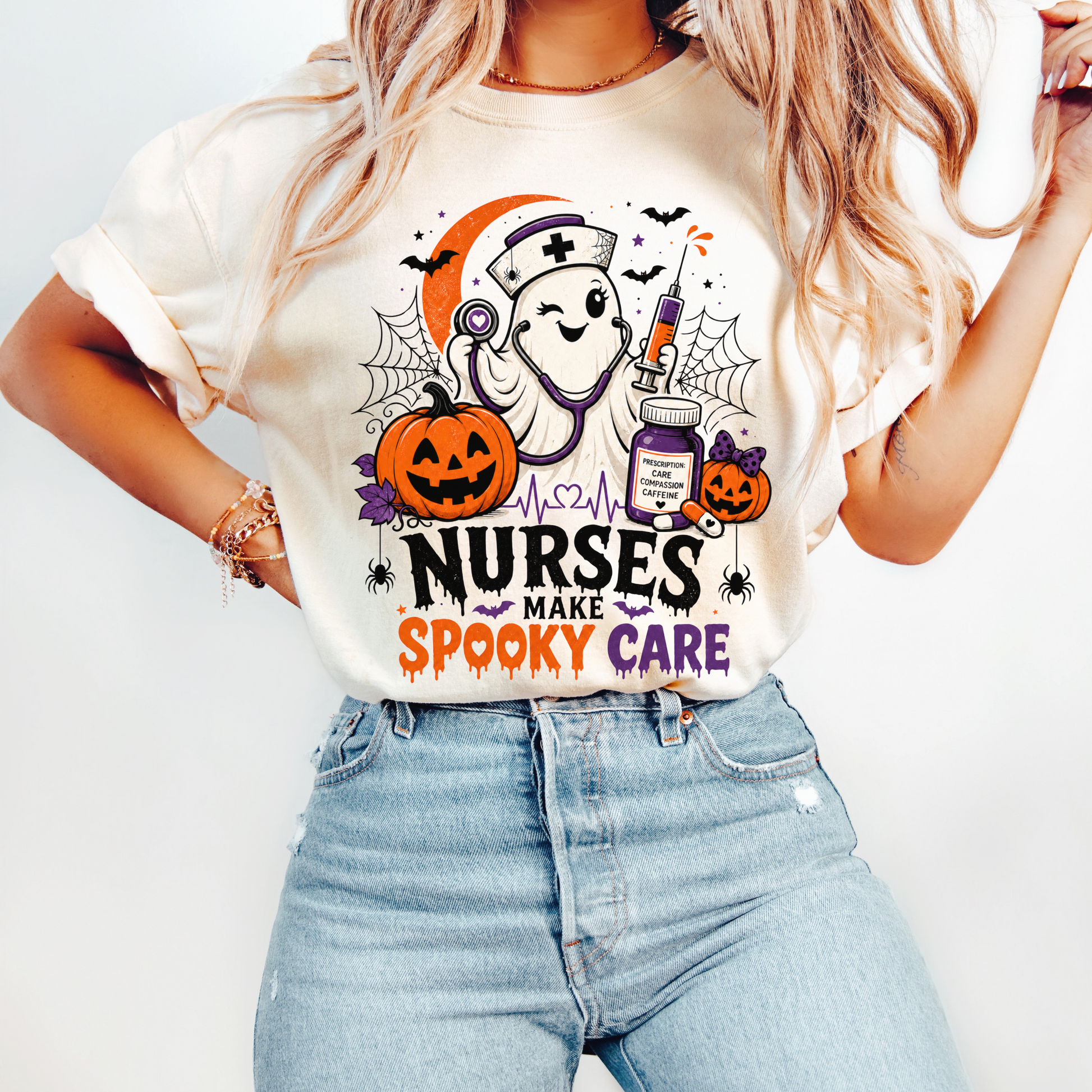 Cute ghost nurse Halloween graphic featuring pumpkins and medical accessories