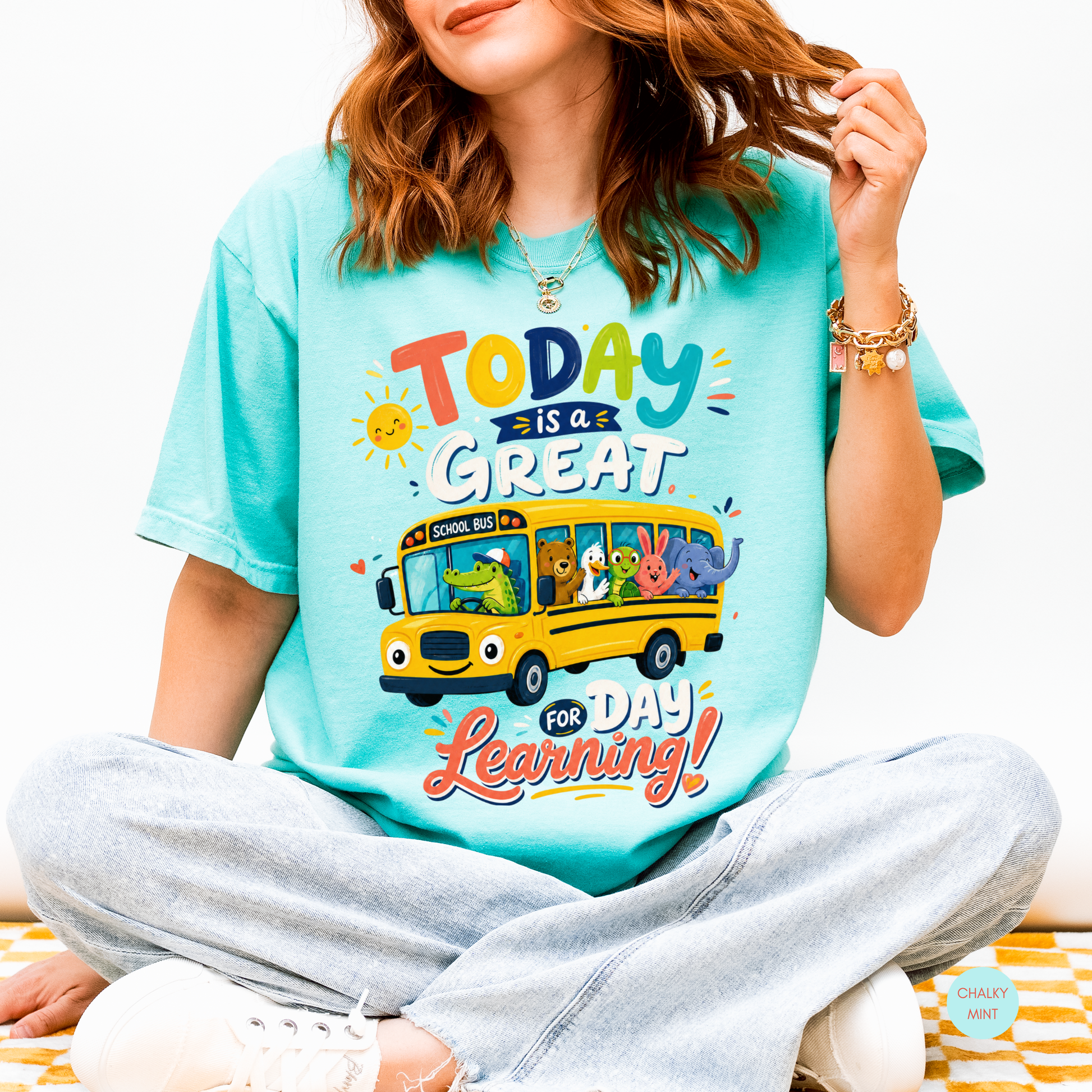 Chalky Mint Comfort Colors teacher shirt featuring a colorful school bus and the phrase "Today Is a Great Day for Learning."