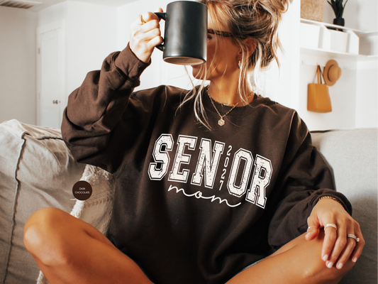 Senior Mom 2027 varsity crewneck sweatshirt for proud Class of 2027 moms, perfect for football games, senior night, and graduation.
