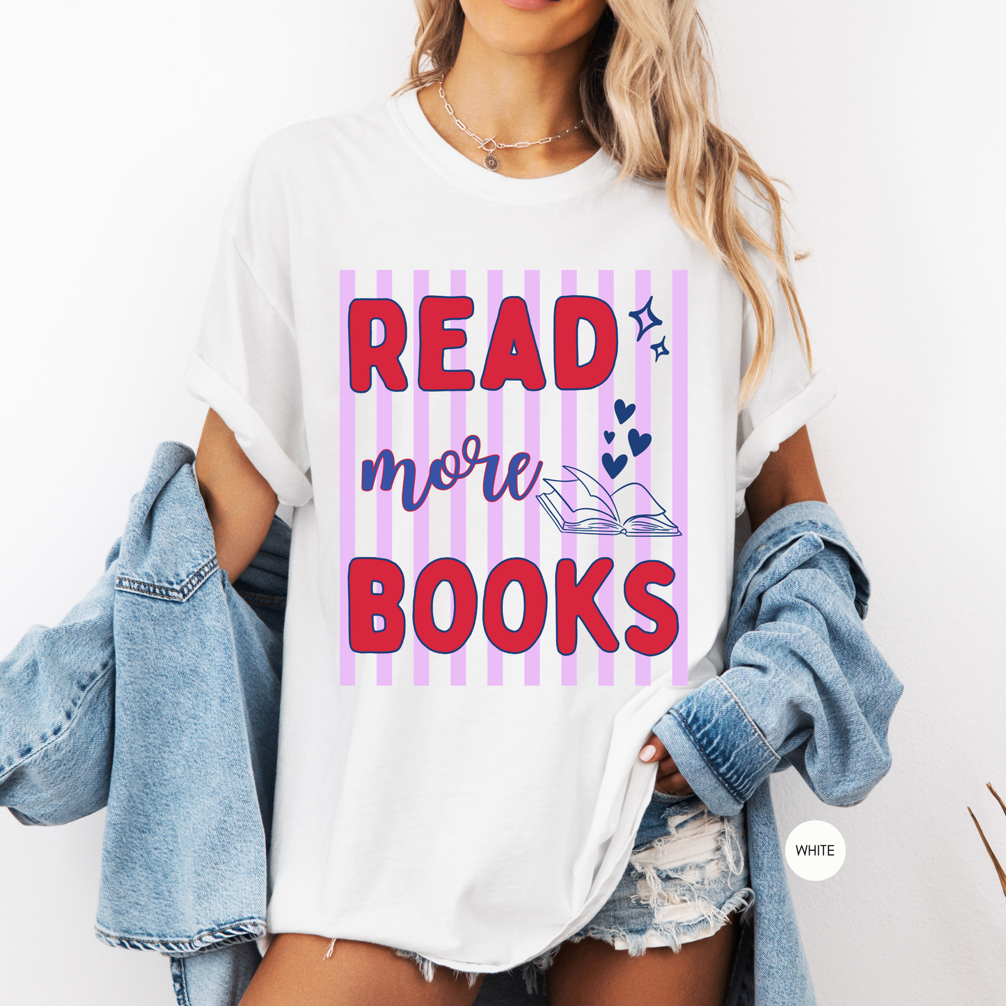 Read More Books graphic t-shirt featuring colorful typography on a Comfort Colors garment-dyed tee for book lovers, readers, librarians, teachers, and BookTok fans.